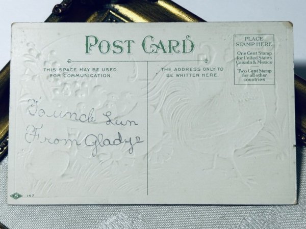 画像3: Postcard アンティークポストカード イースター  お花の卵車にヒヨコを乗せて運ぶニワトリを見ているウサギ スズラン (3)