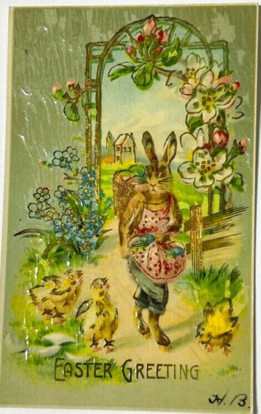 画像1: Postcard　アンティークポストカード　イースター 　卵を運ぶウサギさん　ヒヨコ　 (1)