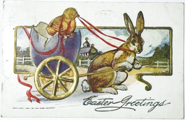 画像1: Postcard　アンティークポストカード　イースター 　荷車を引くウサギ　ヒヨコ (1)