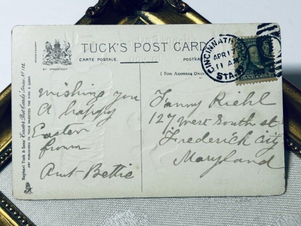 画像3: Postcard アンティークポストカード イースター  卵と子ウサギの入ったバスケットを引くウサギさん (3)