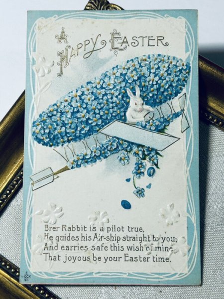 画像2: Postcard アンティークポストカード イースター  忘れな草のお花の飛行機を操縦する白ウサギさん 1912年 (2)