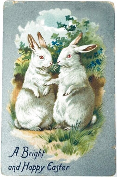 画像1: Postcard　アンティークポストカード　イースター 　２羽の白ウサギ (1)