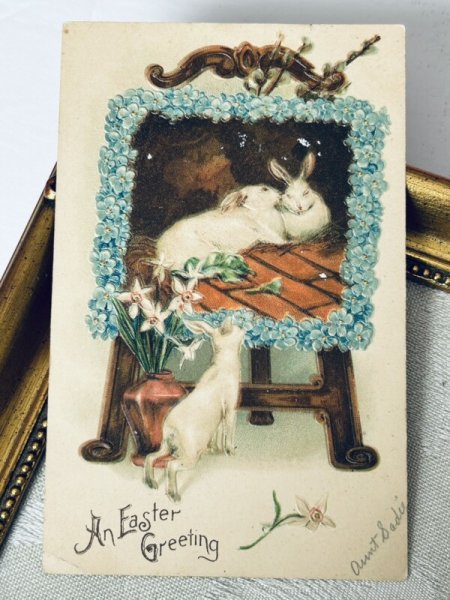 画像4: Postcard アンティークポストカード イースター  ウサギの絵を見つめるうさぎさん 【2枚セット】 (4)