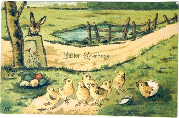 画像1: Postcard　アンティークポストカード　イースター 　ヒヨコを陰から見ているウサギ　卵　 (1)