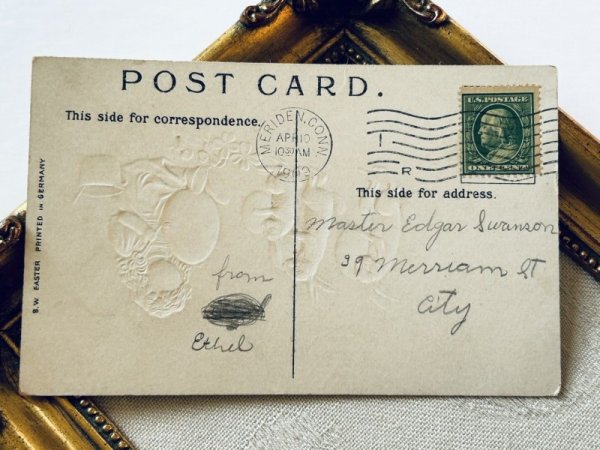 画像3: Postcard アンティークポストカード イースター  卵に色を塗る女の子と並ぶウサギさん アメリカ1909年 (3)