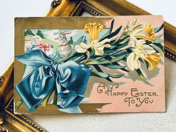 画像2: Postcard アンティークポストカード イースター  スイセンのお花とウサギさん 卵 リボン 水仙 (2)