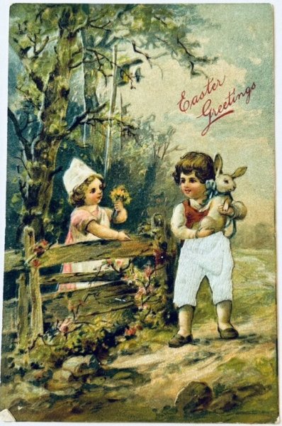 画像1: Postcard　アンティークポストカード　イースター 　ウサギと子どもたち　アメリカ1909年 (1)