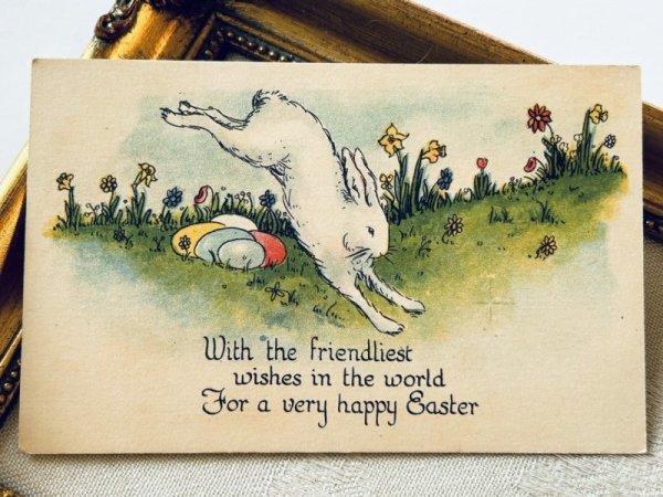 画像2: Postcard アンティークポストカード イースター  白ウサギさんと卵 スイセン アメリカ (未使用) (2)