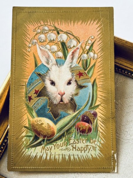 画像2: Postcard アンティークポストカード イースター  卵から生まれたウサギさん スズランのお花 (未使用) (2)