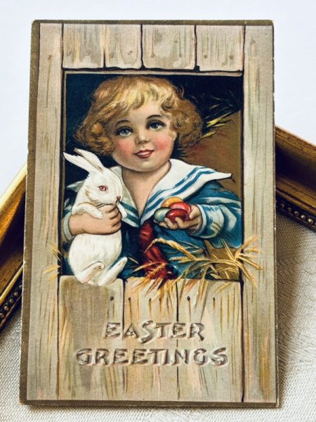画像2: Postcard アンティークポストカード イースター  ウサギとセーラー服の男の子 卵 (2)