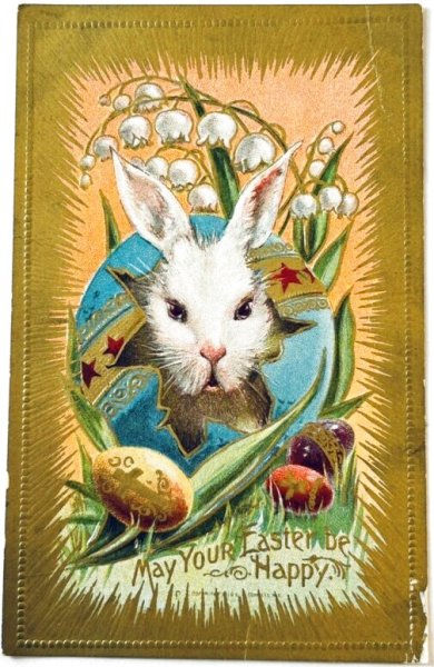 画像1: Postcard　アンティークポストカード　イースター 　卵から生まれたウサギさん　スズランのお花　（未使用） (1)