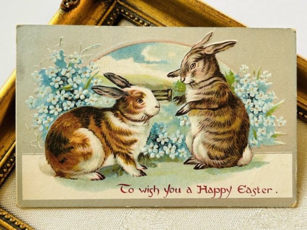 画像2: Postcard アンティークポストカード イースター  ウサギと忘れな草のお花 1913年 (2)