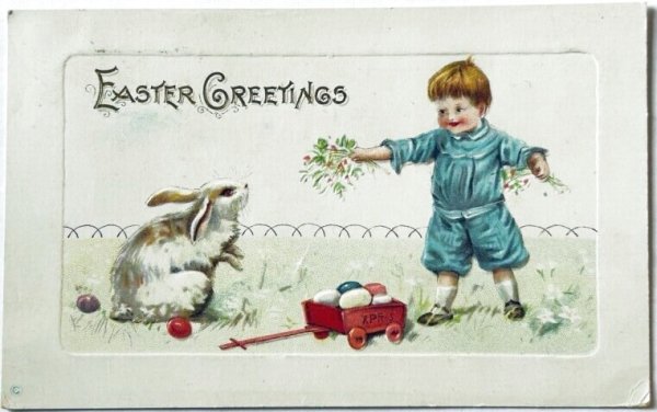 画像1: Postcard　アンティークポストカード　イースター 　ウサギさんと男の子　卵のカート (1)