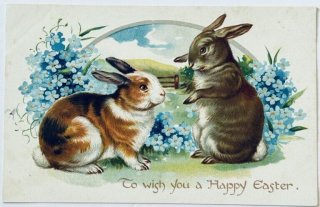 アンティークポストカード　イースターのウサギとお揃いワンピの可愛い少女たち アンティークポストカード イースターのウサギとお揃いワンピの