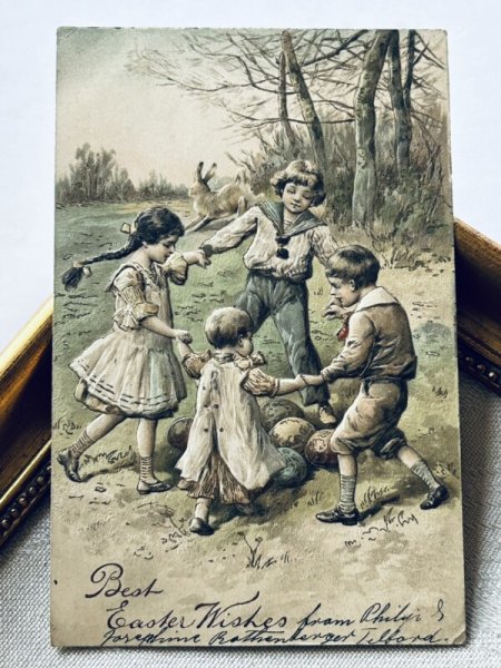 画像2: Postcard アンティークポストカード イースター  輪になって踊る子どもたち 卵 ウサギ (2)