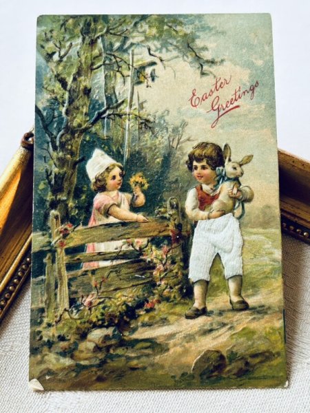 画像2: Postcard アンティークポストカード イースター  ウサギと子どもたち アメリカ1909年 (2)