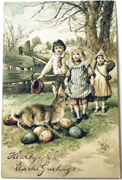画像1: Postcard　アンティークポストカード　イースター 　ウサギと子どもたち　卵　（未使用） (1)