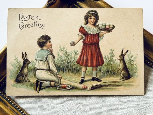 画像2: Postcard アンティークポストカード イースター  ウサギと子どもたち 卵 (未使用) (2)