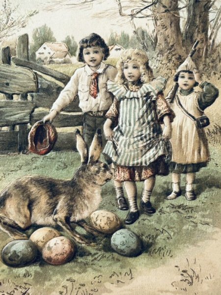 画像3: Postcard アンティークポストカード イースター  ウサギと子どもたち 卵 (未使用) (3)