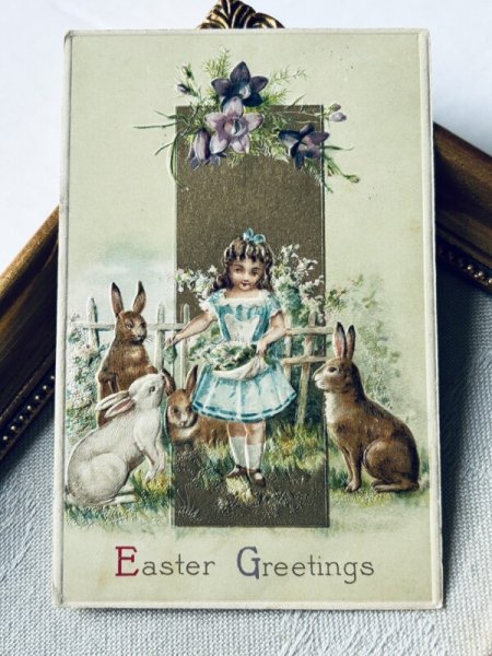 画像2: Postcard アンティークポストカード イースター  ウサギと女の子 (2)