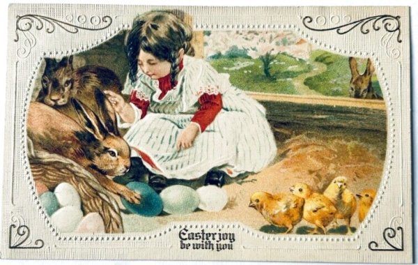 画像1: Postcard　アンティークポストカード　イースター 　ウサギさんと女の子　ヒヨコ　卵 (1)