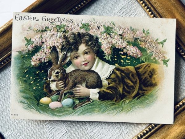 画像2: Postcard アンティークポストカード イースター  男の子とウサギ 卵 (2)