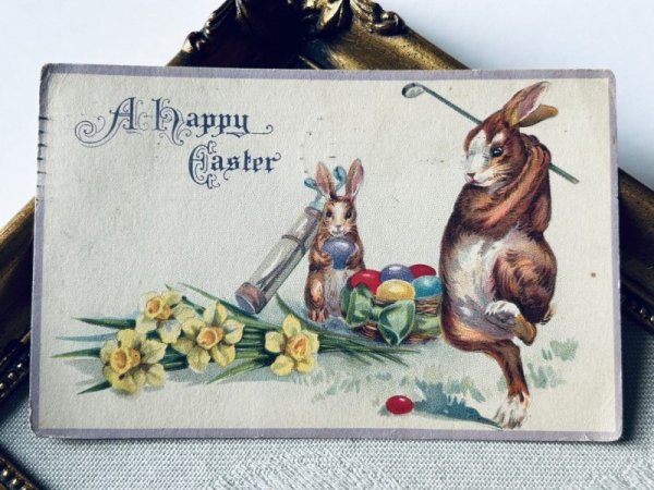 画像2: Postcard アンティークポストカード イースター  卵でゴルフをするウサギさん キャディ スイセン (2)