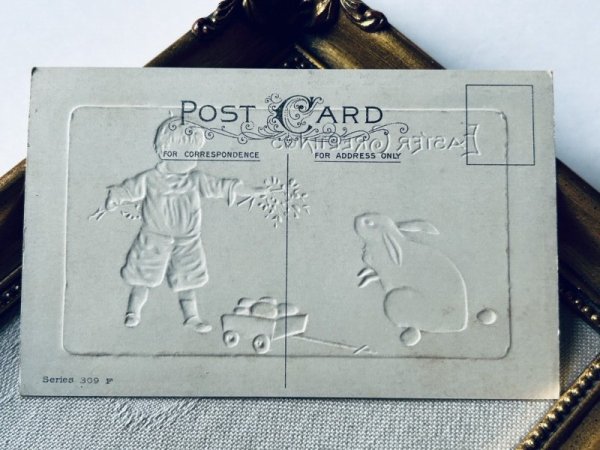 画像3: Postcard アンティークポストカード イースター  ウサギと男の子 卵のカート (未使用) (3)