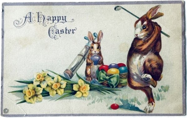 画像1: Postcard　アンティークポストカード　イースター 　卵でゴルフをするウサギさん　キャディ　スイセン (1)