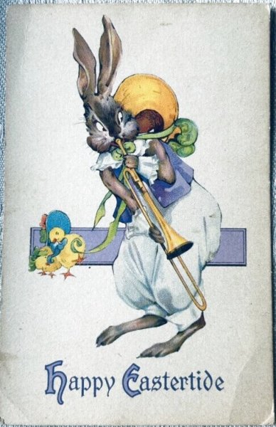 画像1: Postcard　アンティークポストカード　イースター 　トロンボーンを吹くウサギさん　ヒヨコ (1)