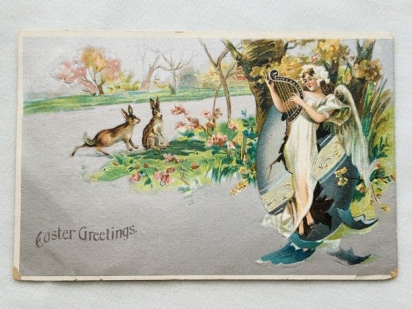 画像2: Postcard アンティークポストカード イースター  ハープを引く天使を見ているウサギ  (2)