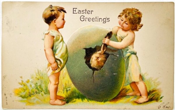 画像1: Postcard　アンティークポストカード　イースター 　卵の中のウサギを取り出す子ども (1)