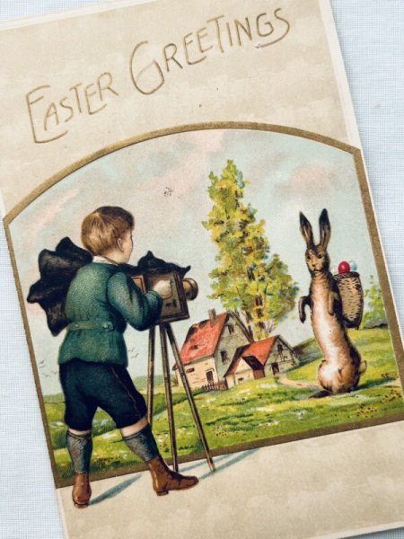 画像2: Postcard アンティークポストカード イースター  ウサギの写真を撮影する男の子 (2)