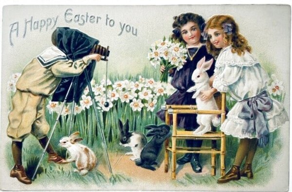 画像1: Postcard　アンティークポストカード　イースター 　ウサギを撮影する子どもたち　カメラ　スイセン　（未使用） (1)