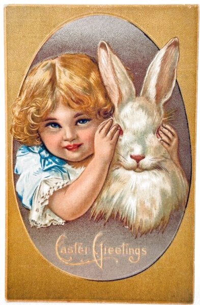 画像1: Postcard　アンティークポストカード　イースター 　ウサギと青い瞳の女の子　目隠し (1)