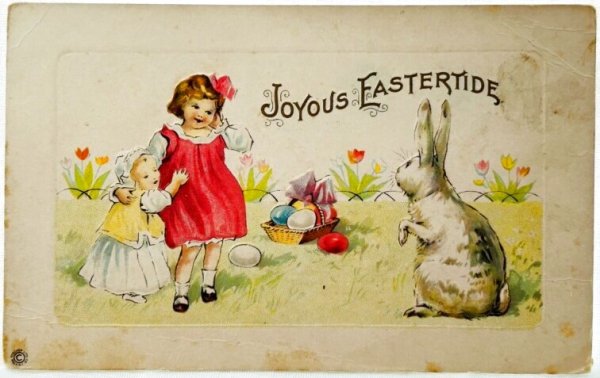 画像1: Postcard　アンティークポストカード　イースター 　ウサギと女の子 (1)