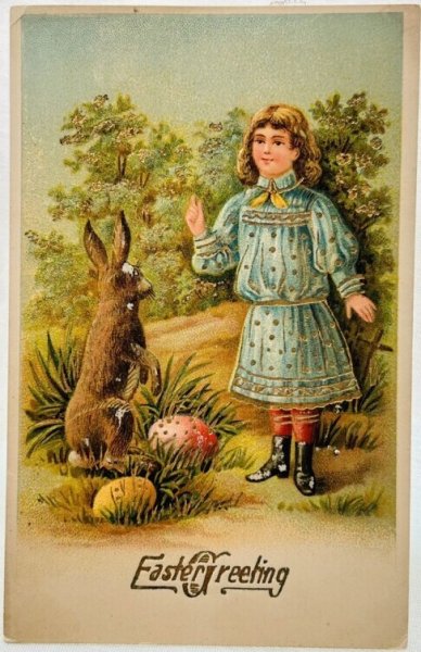 画像1: Postcard　アンティークポストカード　イースター 　ウサギと女の子　卵　（未使用） (1)