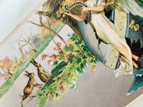 画像3: Postcard アンティークポストカード イースター  ハープを引く天使を見ているウサギ  (3)