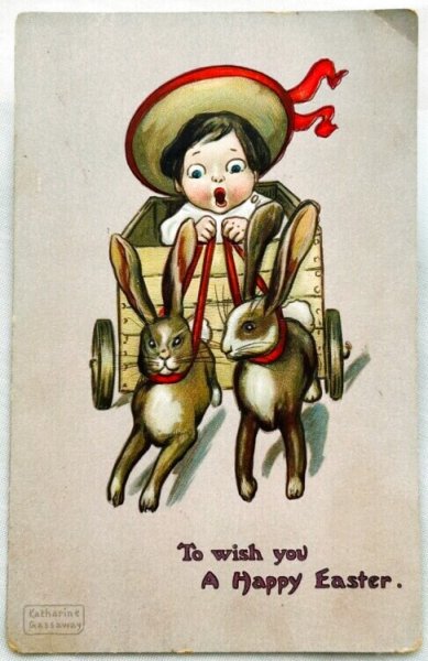 画像1: Postcard　アンティークポストカード　イースター 　ウサギ車に乗る子ども　1909年 (1)