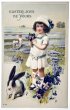 画像1: Postcard　アンティークポストカード　イースター 　ウサギと女の子　スミレ (1)