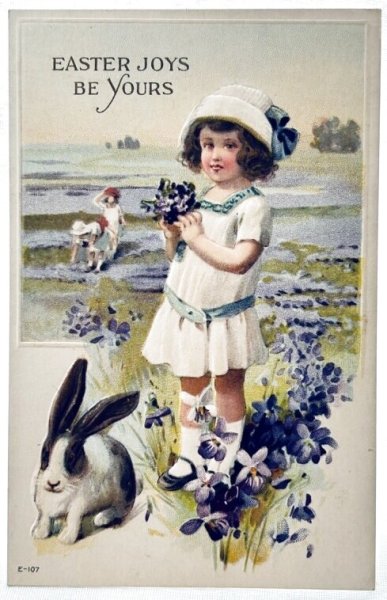 画像1: Postcard　アンティークポストカード　イースター 　ウサギと女の子　スミレ (1)