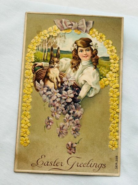 画像2: Postcard アンティークポストカード イースター  ウサギと女の子 スミレ (2)