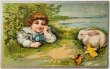 画像1: Postcard　アンティークポストカード　イースター 　ウサギとヒヨコと遊ぶ子ども　（未使用） (1)