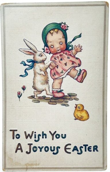 画像1: Postcard　アンティークポストカード　イースター 　ウサギとダンスをする女の子　ヒヨコ (1)