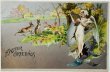 画像1: Postcard　アンティークポストカード　イースター 　ハープを引く天使を見ているウサギ　 (1)