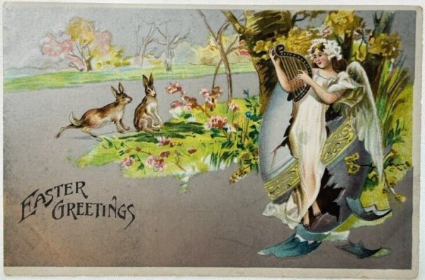 画像1: Postcard　アンティークポストカード　イースター 　ハープを引く天使を見ているウサギ　 (1)