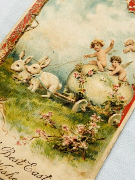 画像3: Postcard アンティークポストカード イースター  大きな卵を運ぶ天使とウサギ (3)