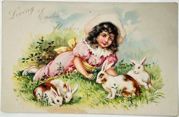 画像1: Postcard　アンティークポストカード　イースター 　女の子とウサギさん　 (1)