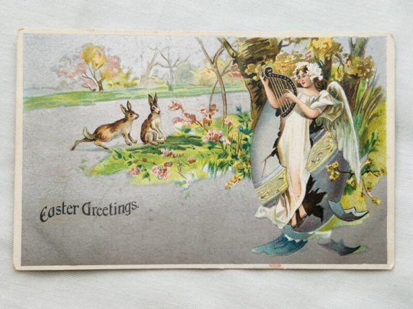 画像2: Postcard アンティークポストカード イースター  ハープを引く天使を見ているウサギ  (2)