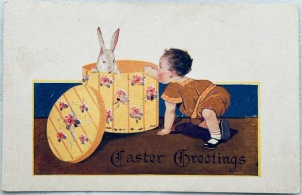 画像1: Postcard　アンティークポストカード　イースター 　帽子箱のウサギと赤ちゃん　（未使用） (1)